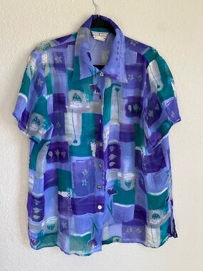 Dress Barn Women’s Short-Sleeve Button-Down Shirt in Purple and Teal Abstract